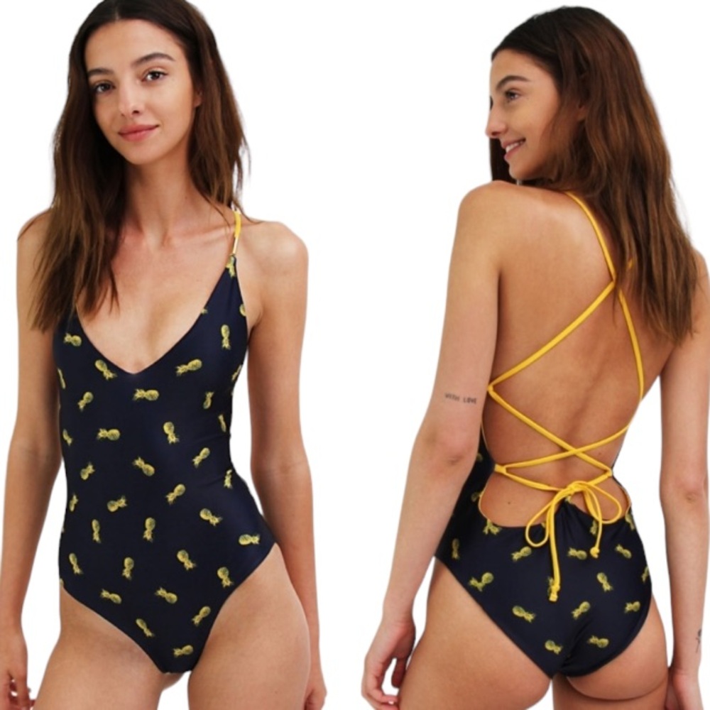 Mosmann blue yellow reversible lace up pineapple monokini size small